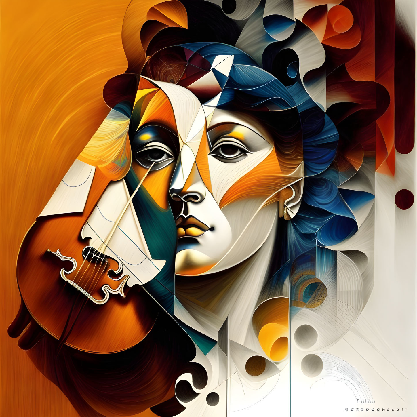 Vibrant abstract art: woman's face with violin, orange, white, blue swirls