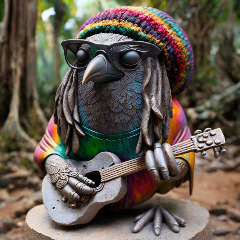 Vibrant bird sculpture with rasta hat and sunglasses playing guitar in forest