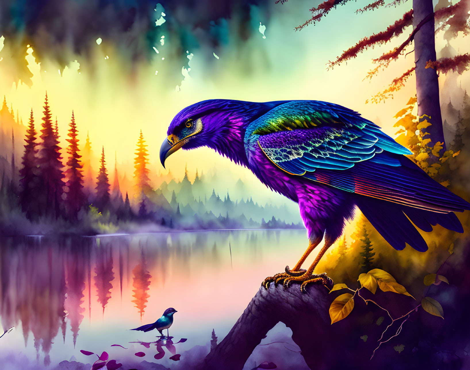 Iridescent purple raven perched on branch with serene lake and mystical forest at sunset