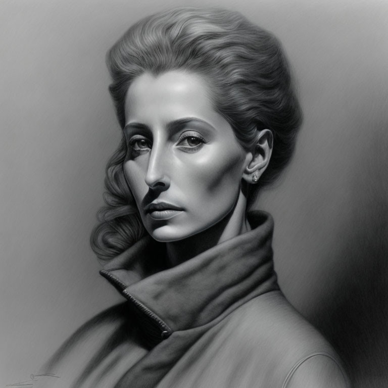 Monochrome portrait of a woman with prominent features and elegant style