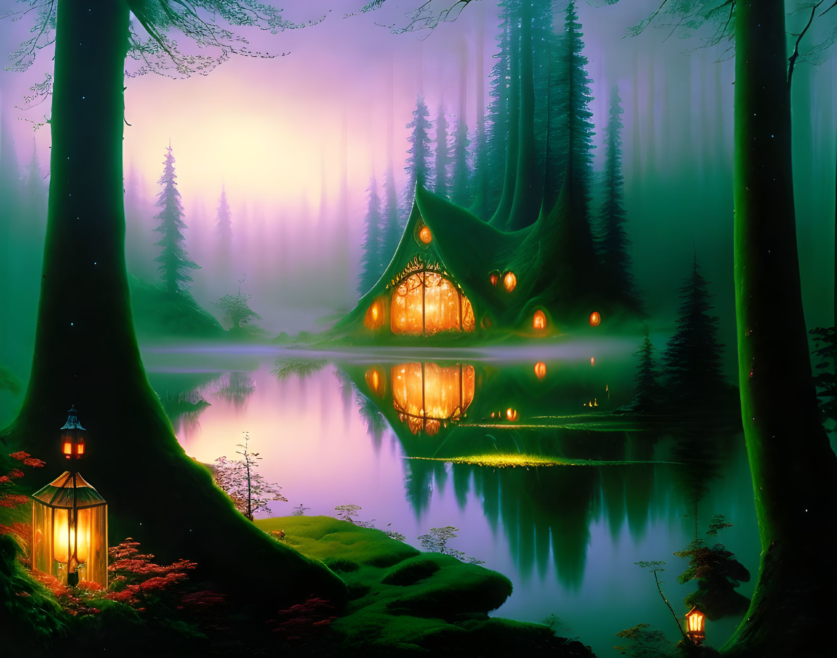 Enchanting twilight forest scene with glowing cottage, serene lake, fog, majestic trees, and hanging