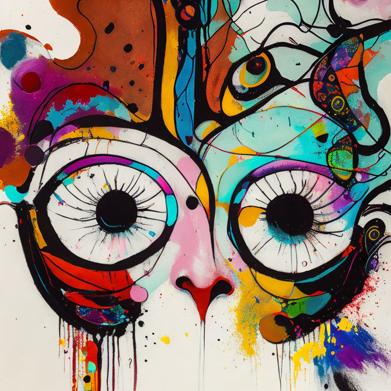 Colorful abstract painting: Eyes surrounded by chaotic swirls and splatters