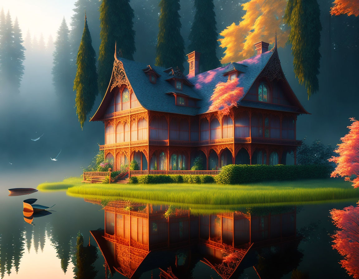 Victorian-style house in autumn setting by tranquil lake at sunset