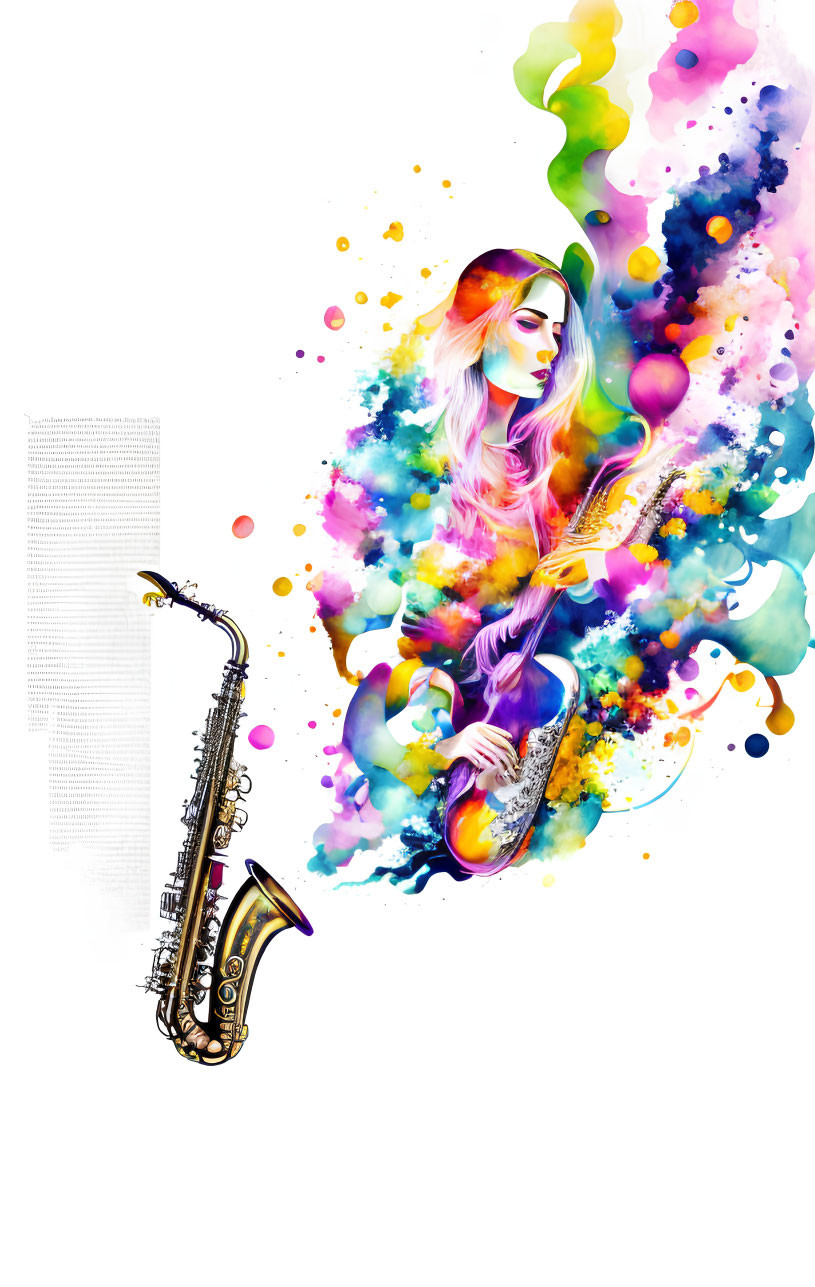 Colorful Hair Woman Playing Abstract Saxophone in Vibrant Artwork