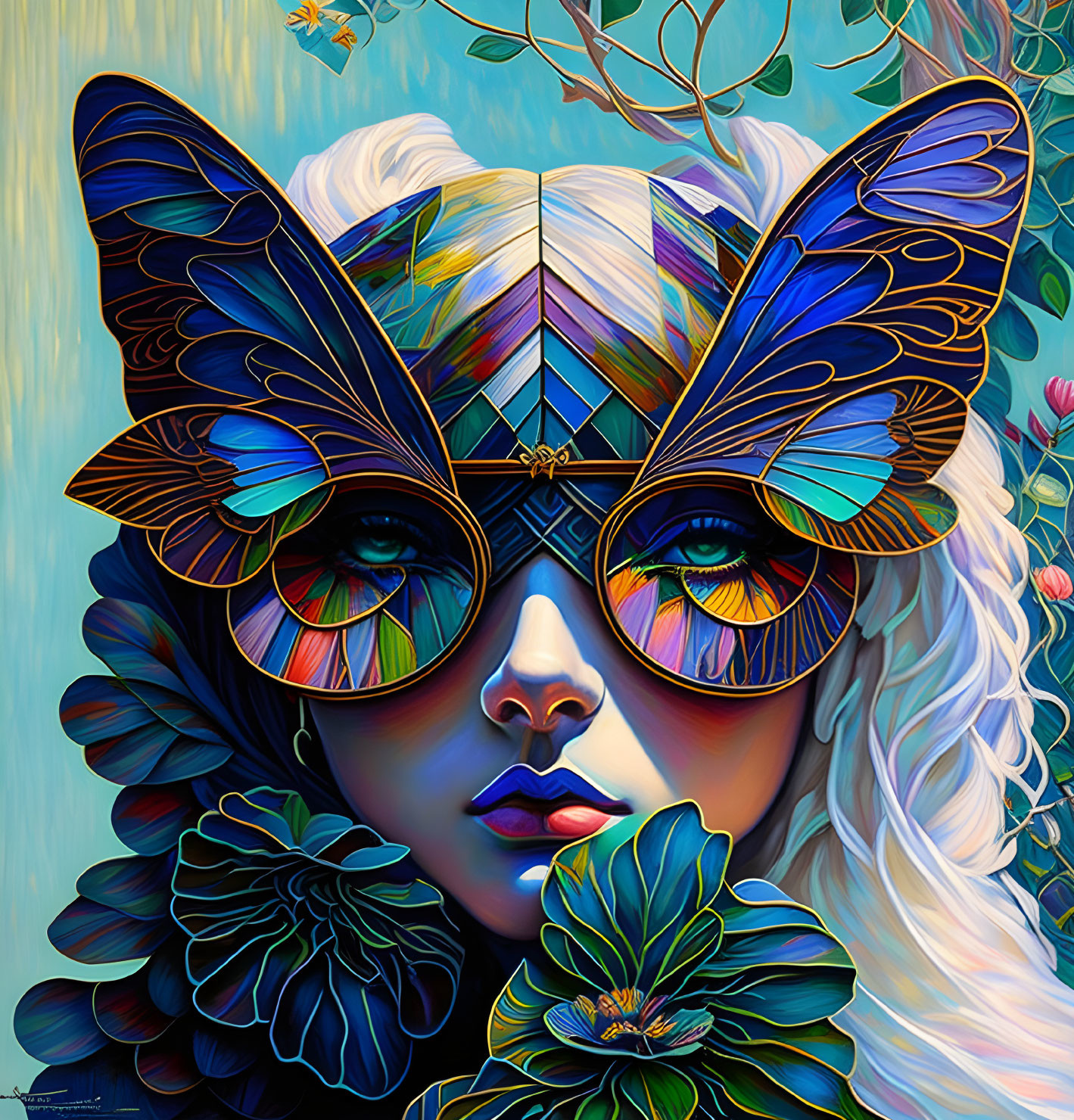 Vibrant artwork of woman with butterfly sunglasses, surrounded by flowers and butterflies