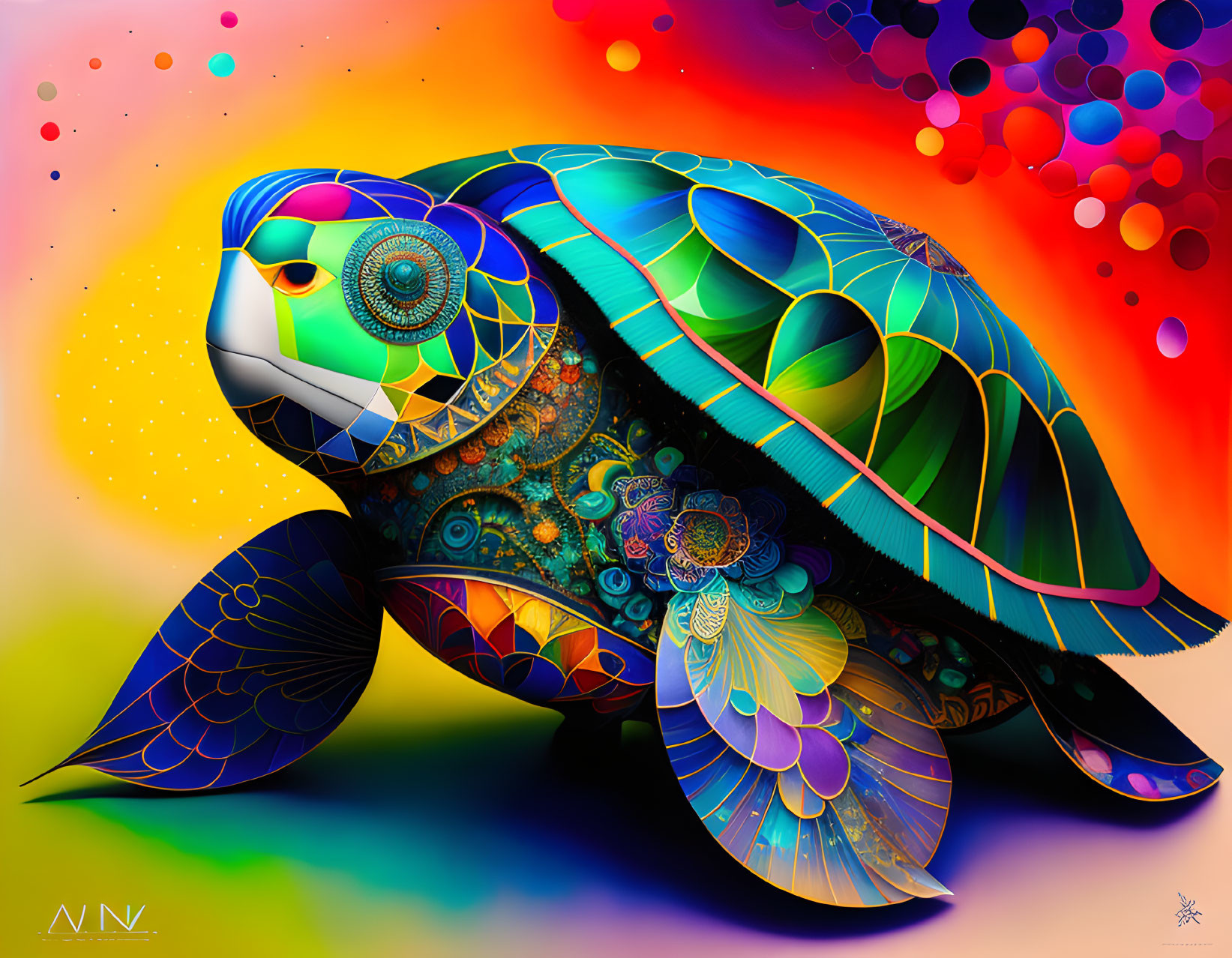 Colorful Sea Turtle Artwork with Mandala Patterns on Rainbow Background