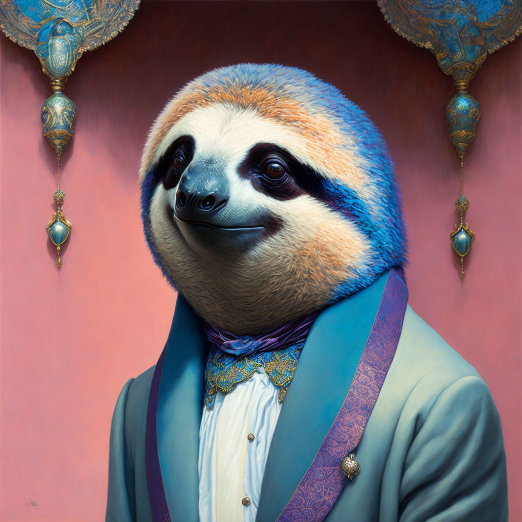 Sloth in Blue Suit Against Pink Background with Lamps