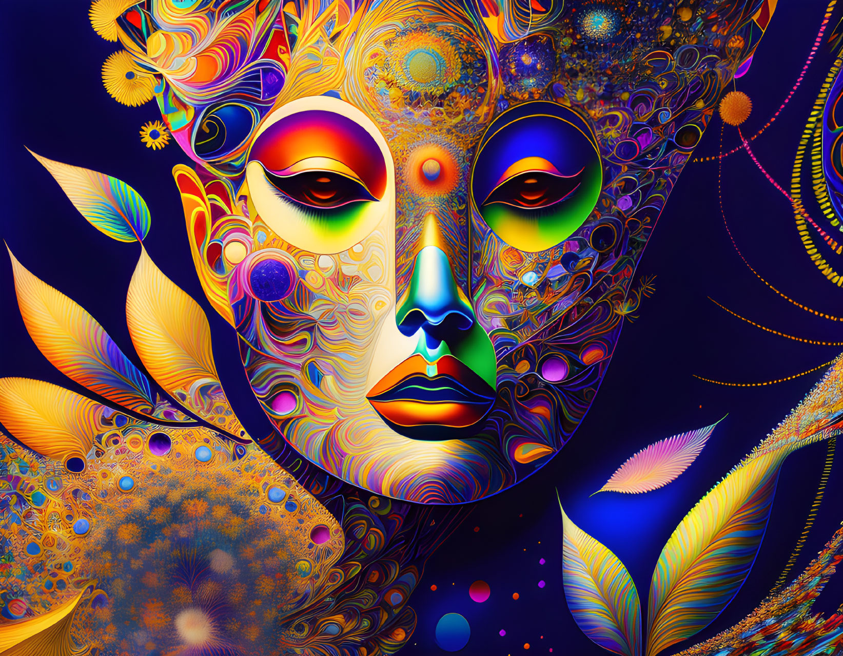 Colorful stylized face with intricate patterns and fluorescent feathers on dark blue background