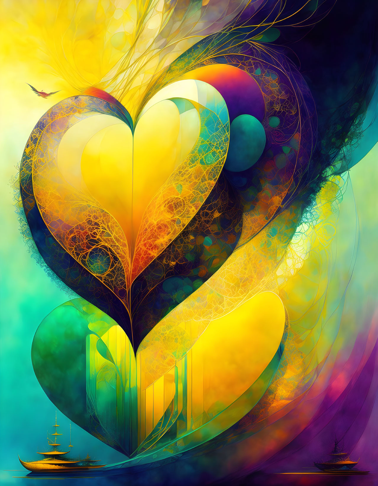 Colorful digital artwork: large heart with intricate patterns, sailing ships, and bird in flight.