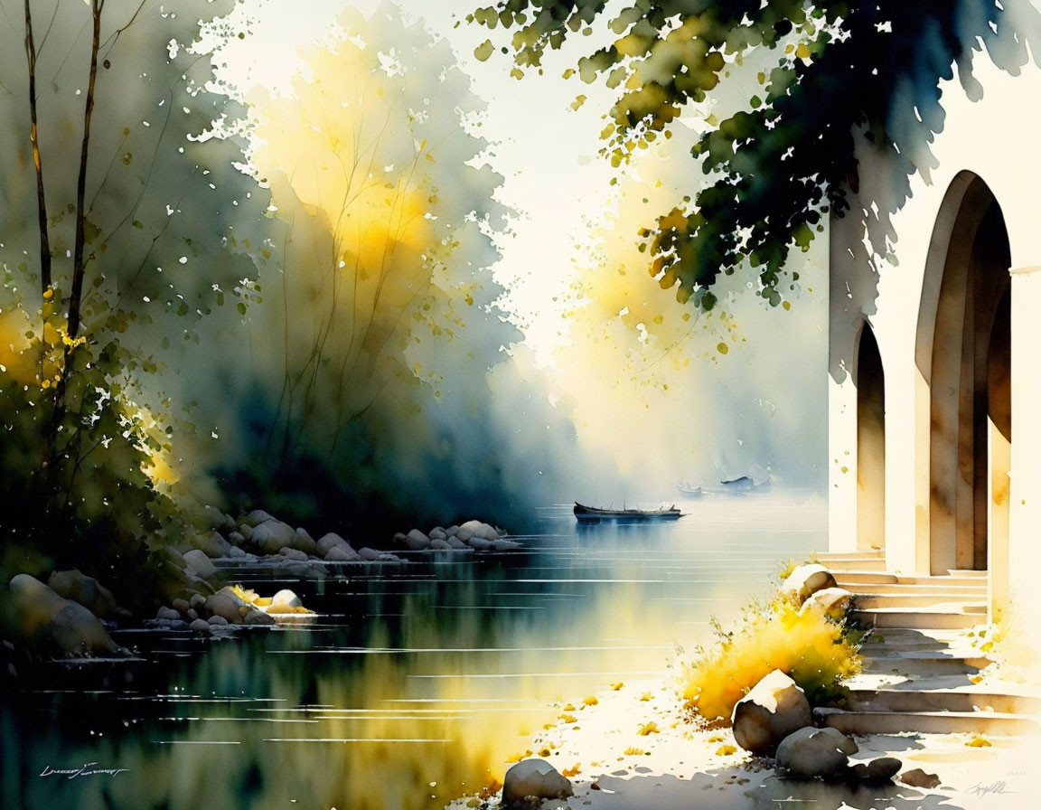 Tranquil watercolor painting of archway over river