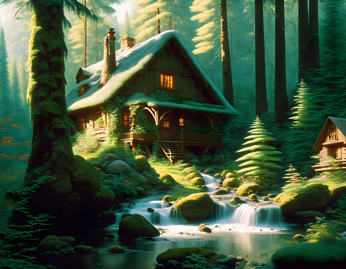 Serene Forest Cottage with Sunlight, Waterfall, Moss-Covered Stones