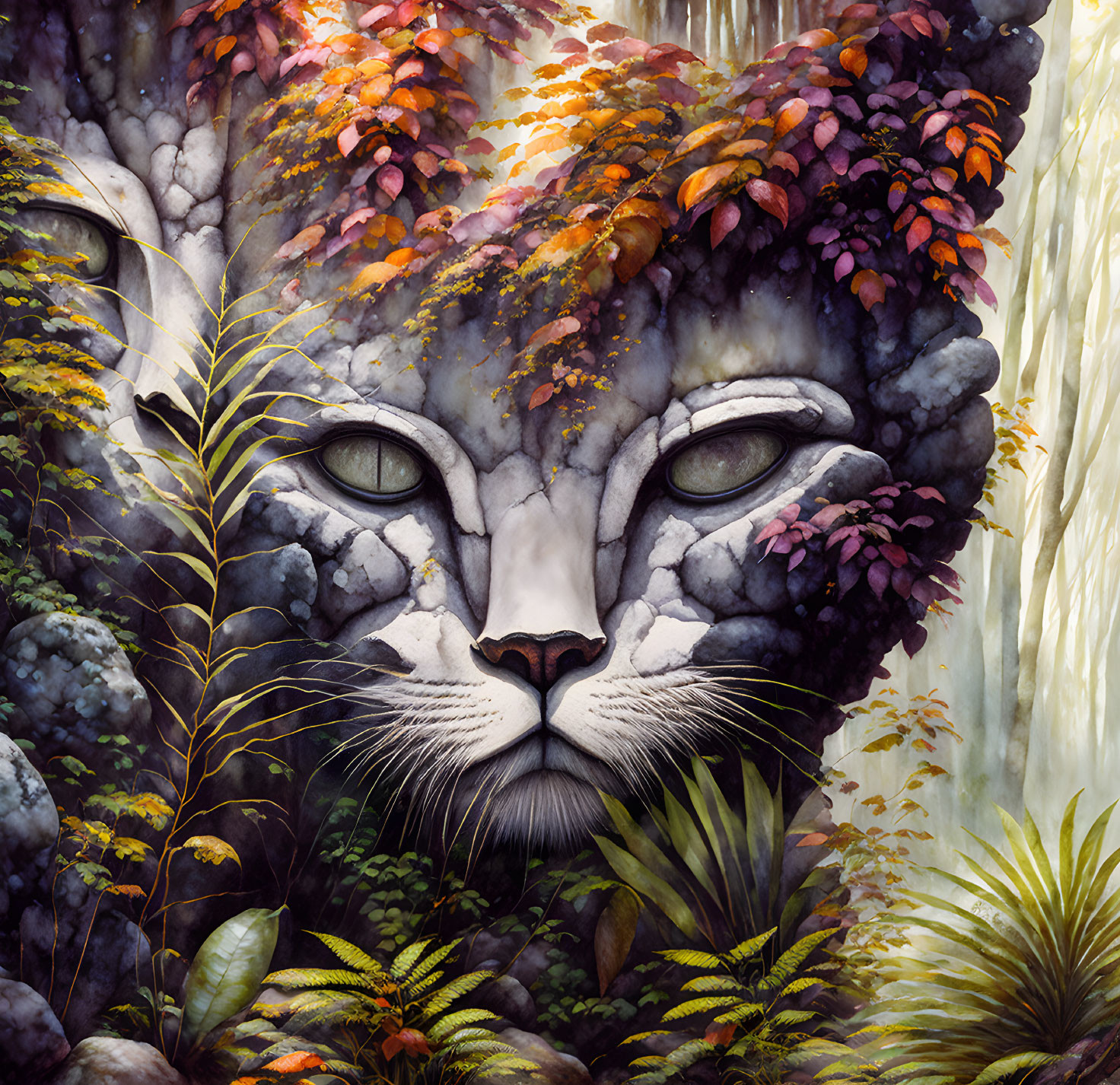 Large Cat's Face Blended into Forest Landscape