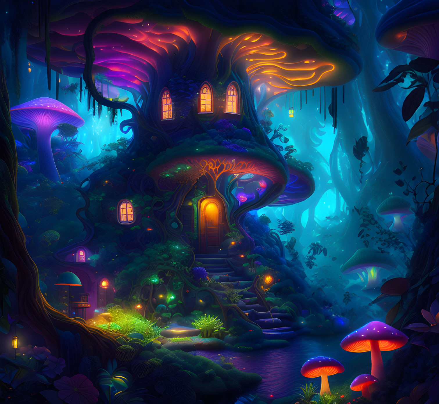 Fantastical forest scene with glowing treehouse and vibrant mushrooms