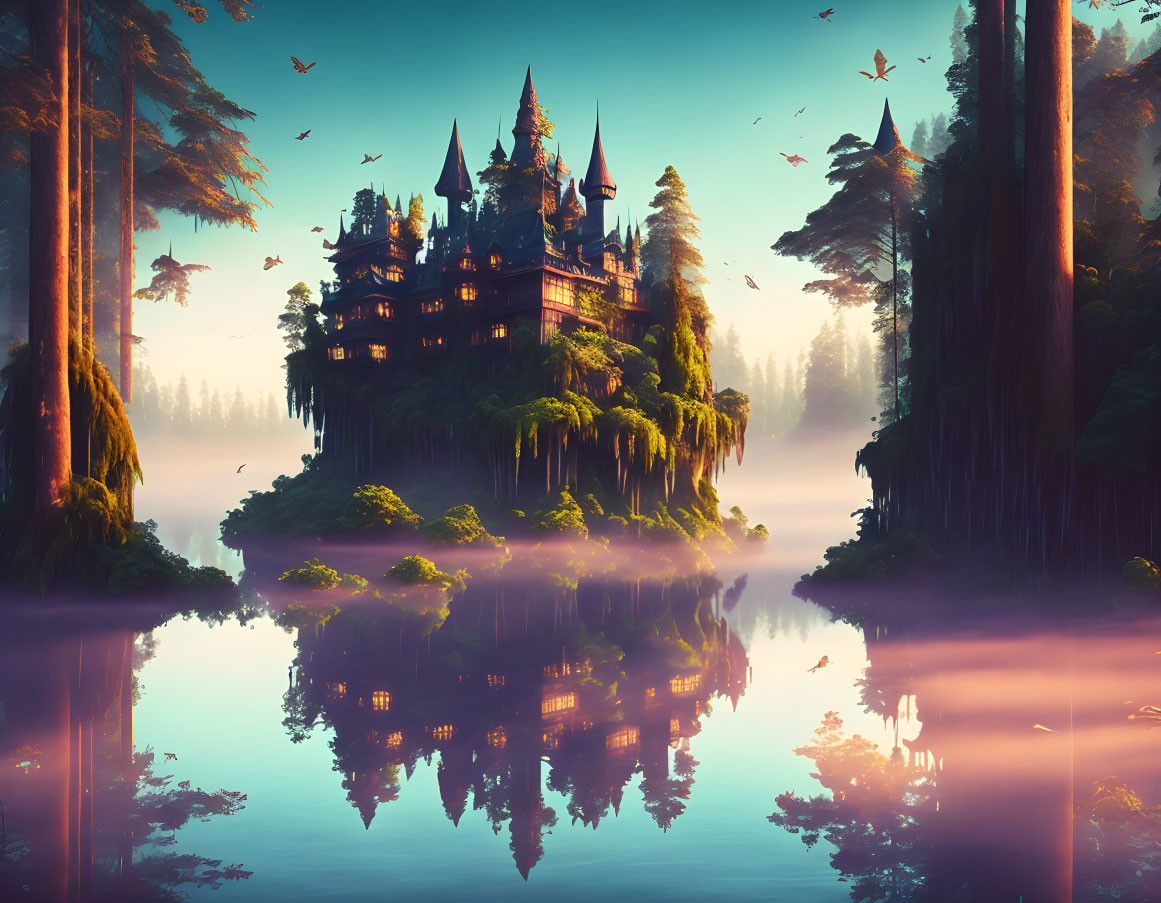 Castle on lush island with towering trees, birds, and serene lake.