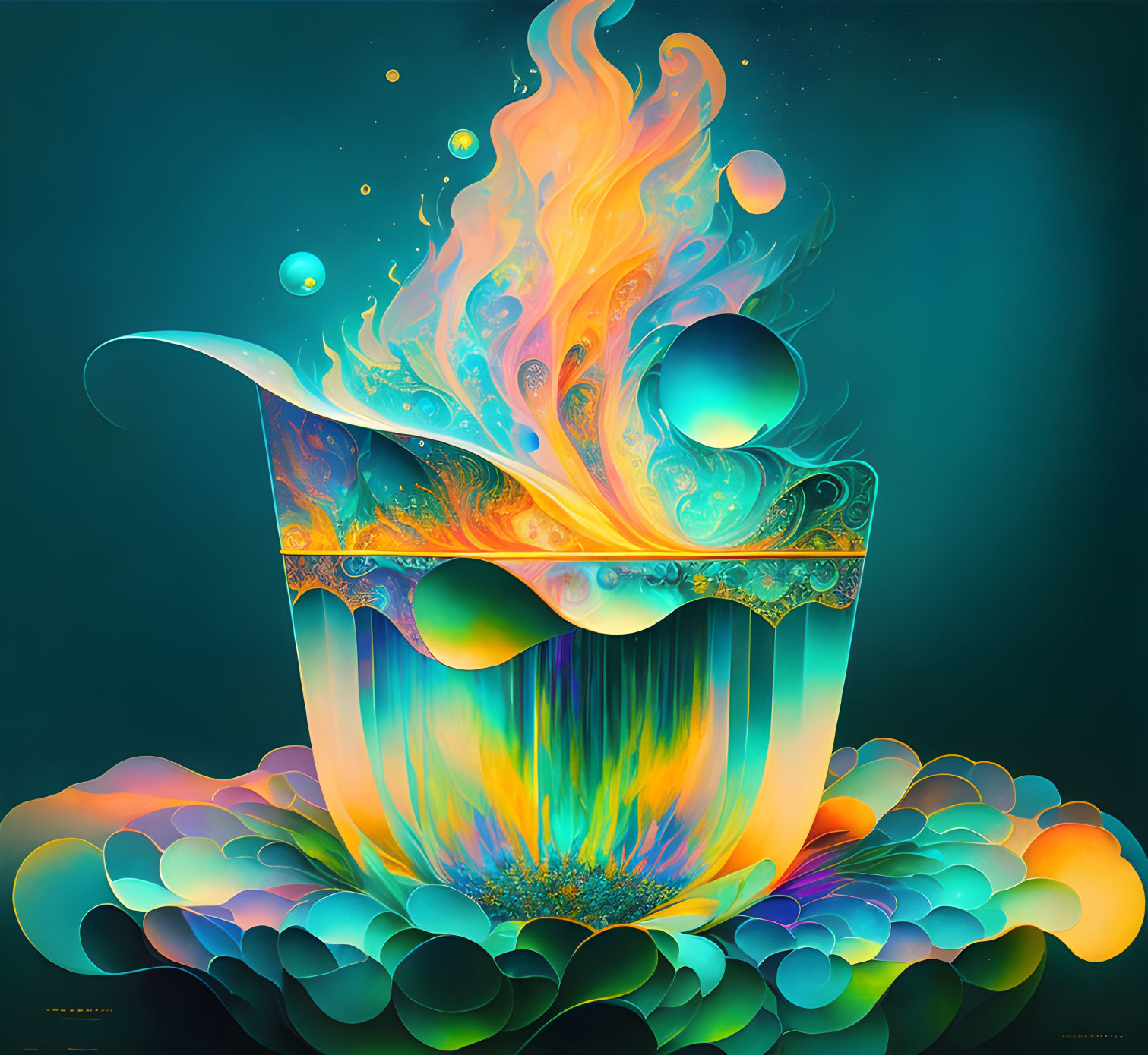 Colorful digital artwork: ornate glass with fiery liquid on teal background