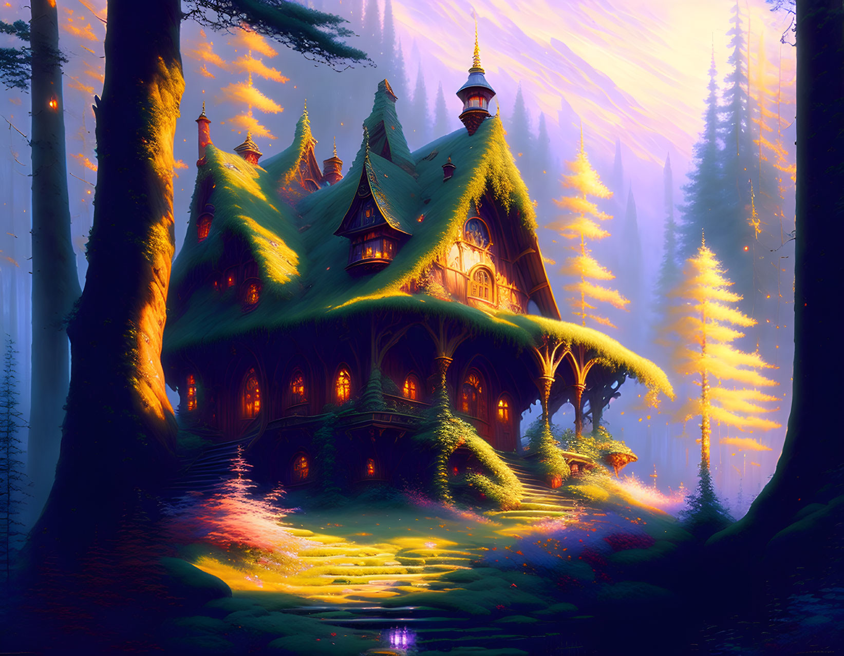 Enchanted Forest Cottage with Golden Light, Trees, and Reflective Pond