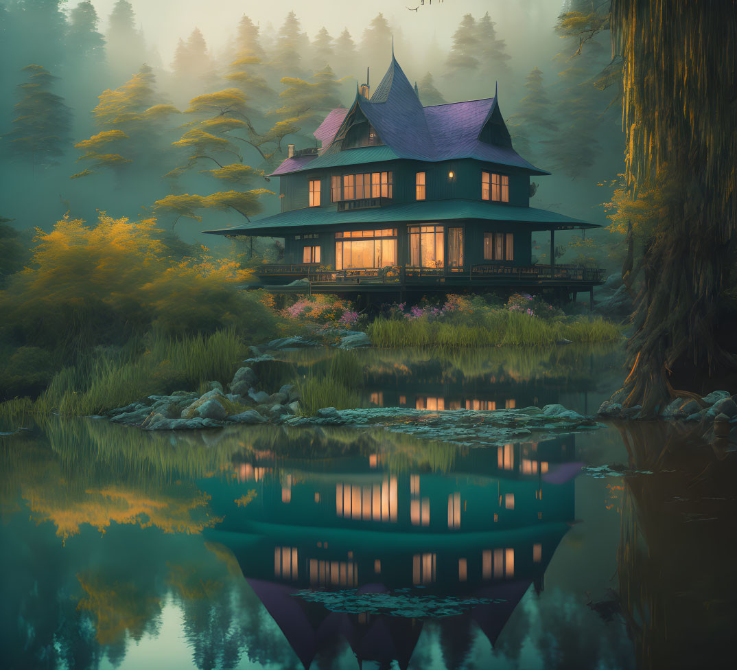 Tranquil two-story house in lush forest with pond at dusk