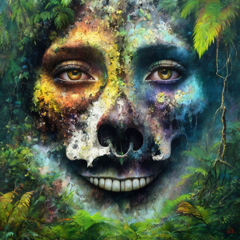 Illustration of human face merging with lush jungle: leafy textures, visible skull, lifelike