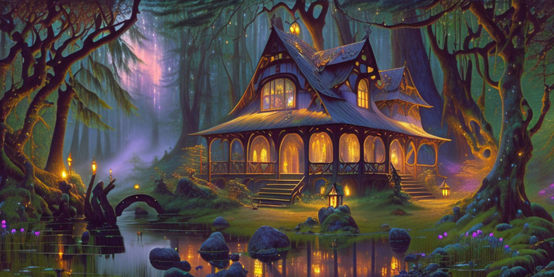 Enchanting forest scene with illuminated house, pond, bridge, and vibrant flora