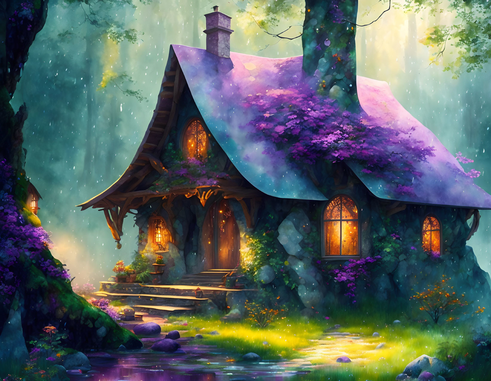 Woodland cottage with purple roof in lush greenery