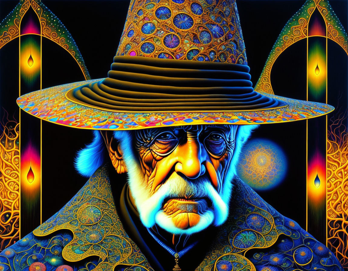 Colorful Psychedelic Portrait of Elderly Man in Hat and Cloak