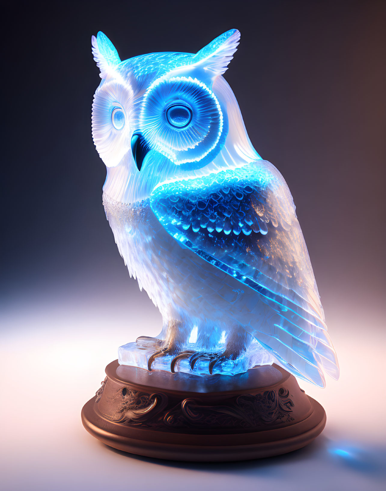 Blue Owl Sculpture on Brown Pedestal with Gradient Background