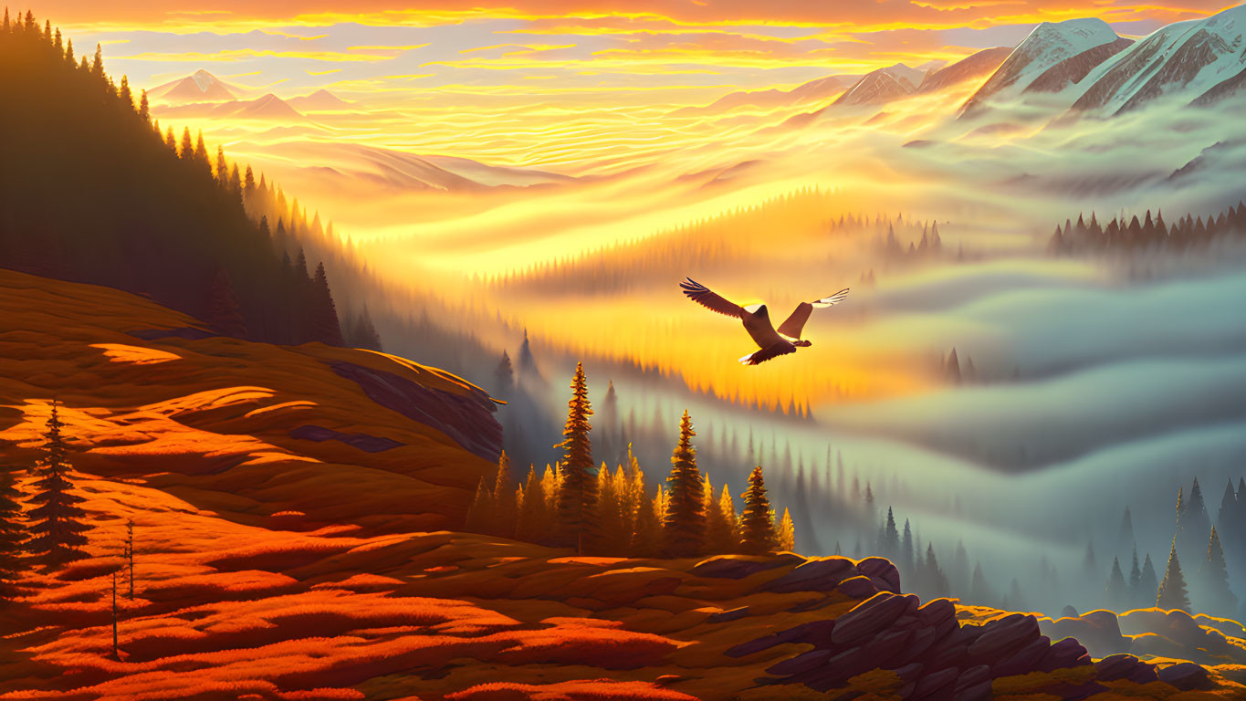 Majestic eagle flying over misty forest and mountains at sunrise