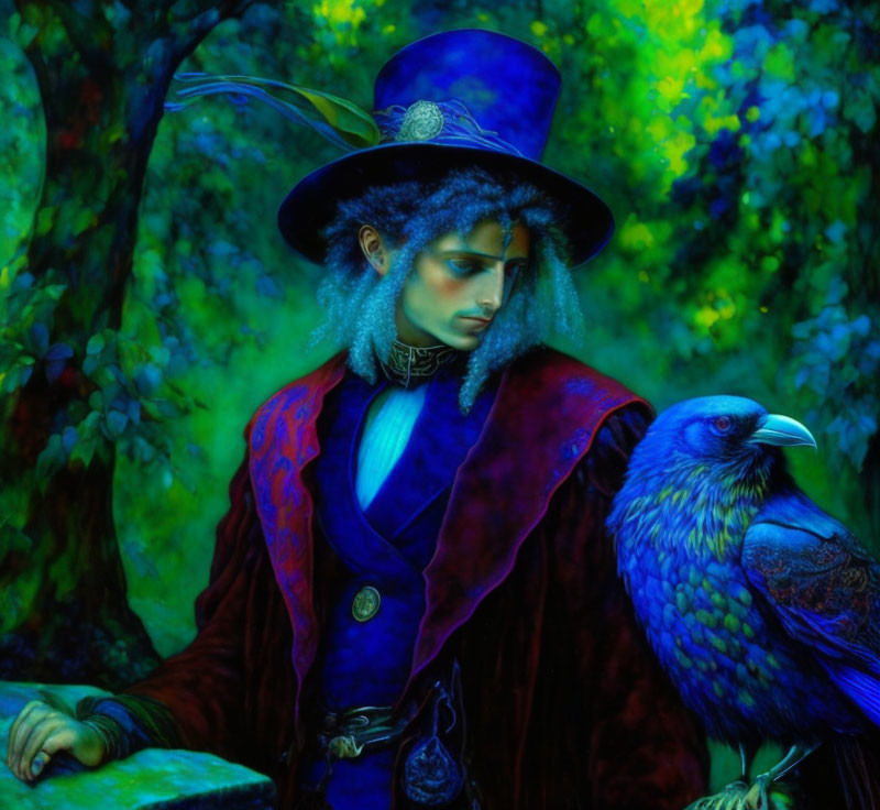 Blue-haired figure in vibrant outfit with raven in lush forest