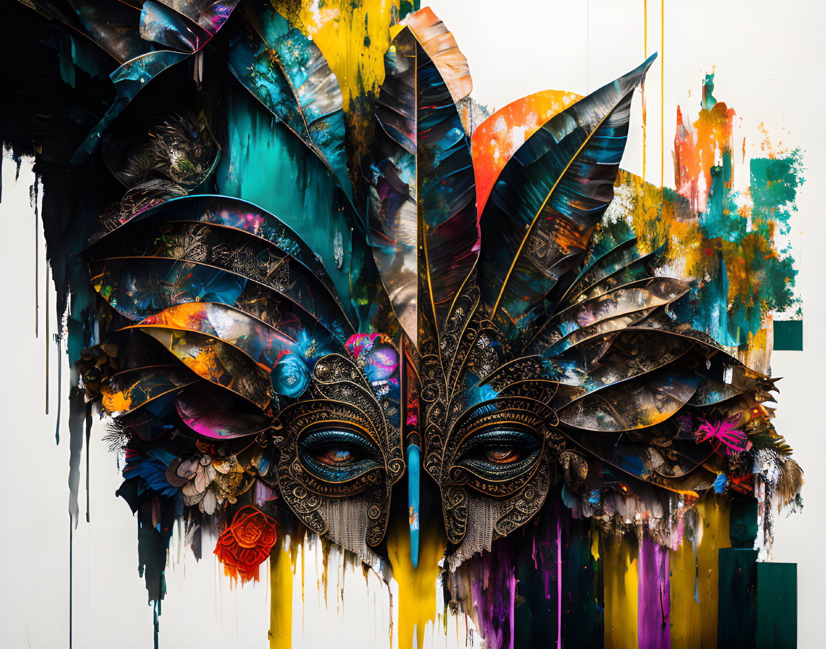 Colorful feathered mask with intricate design and dramatic paint splashes