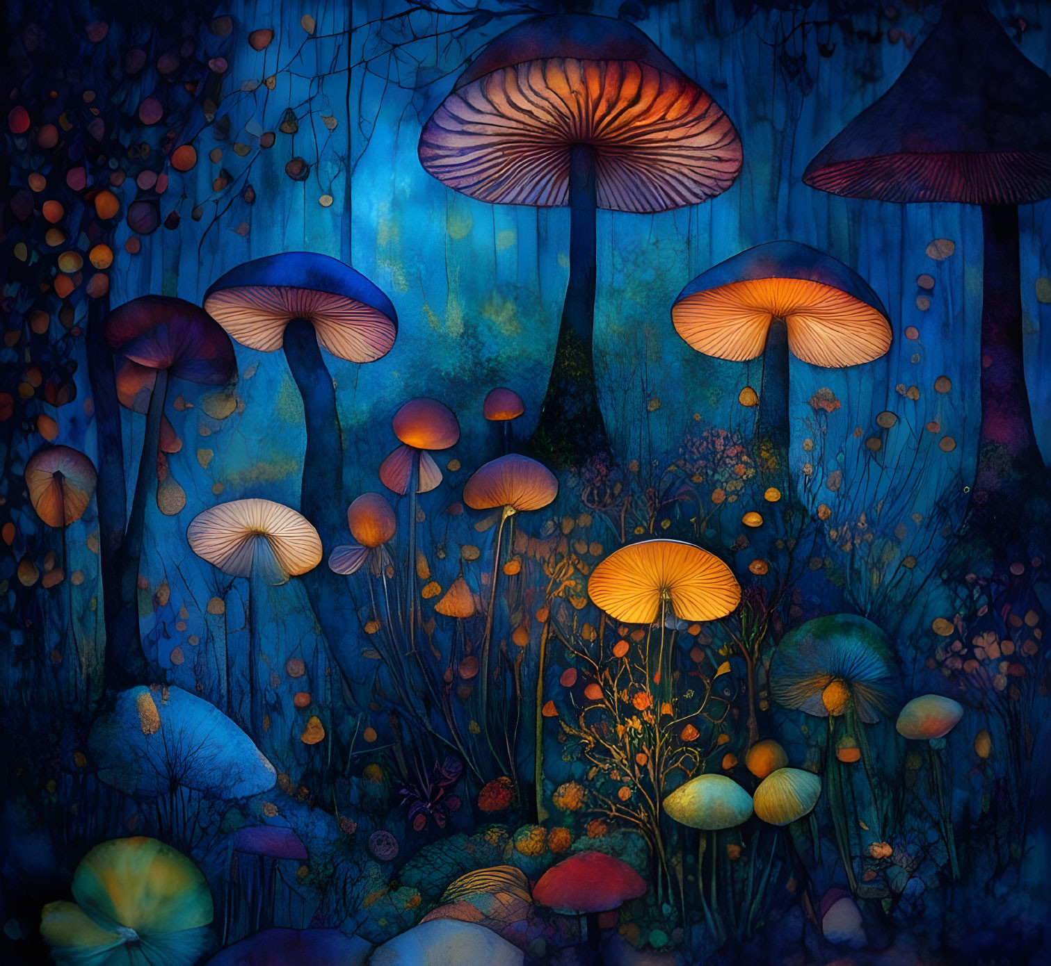 Colorful Nocturnal Forest Scene with Oversized Mushrooms