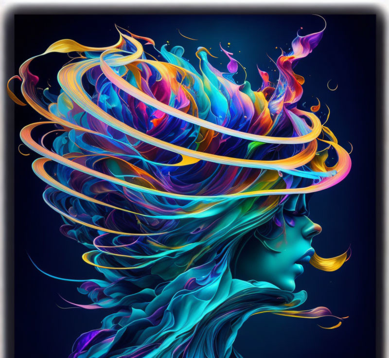 Vibrant swirling hair portrait against dark background