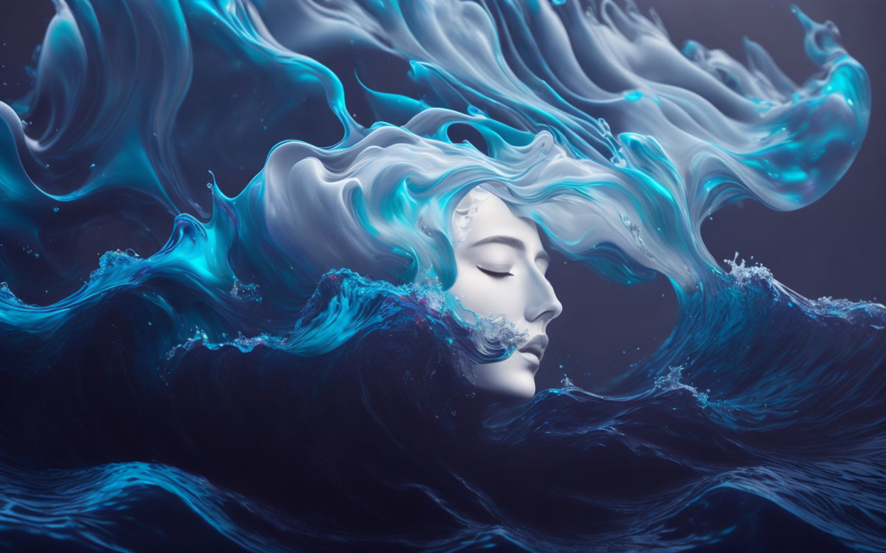 Face blending with dark blue waves in serene image