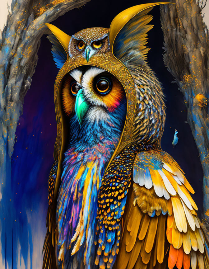 Colorful Owl Illustration with Intricate Patterns and Helmet-Like Headpiece in Tree Cavity