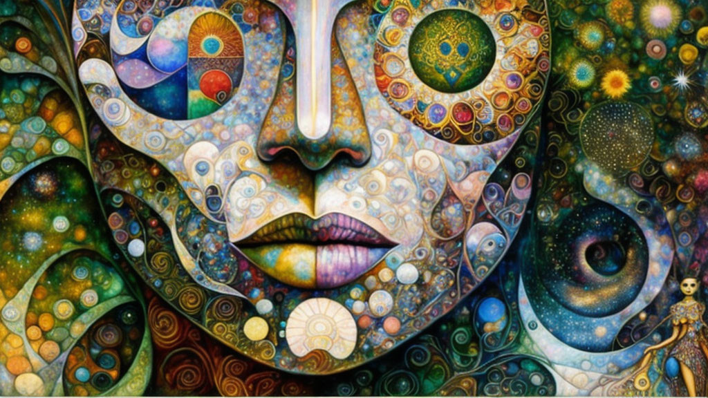 Colorful Psychedelic Artwork Featuring Cosmic Face and Celestial Elements