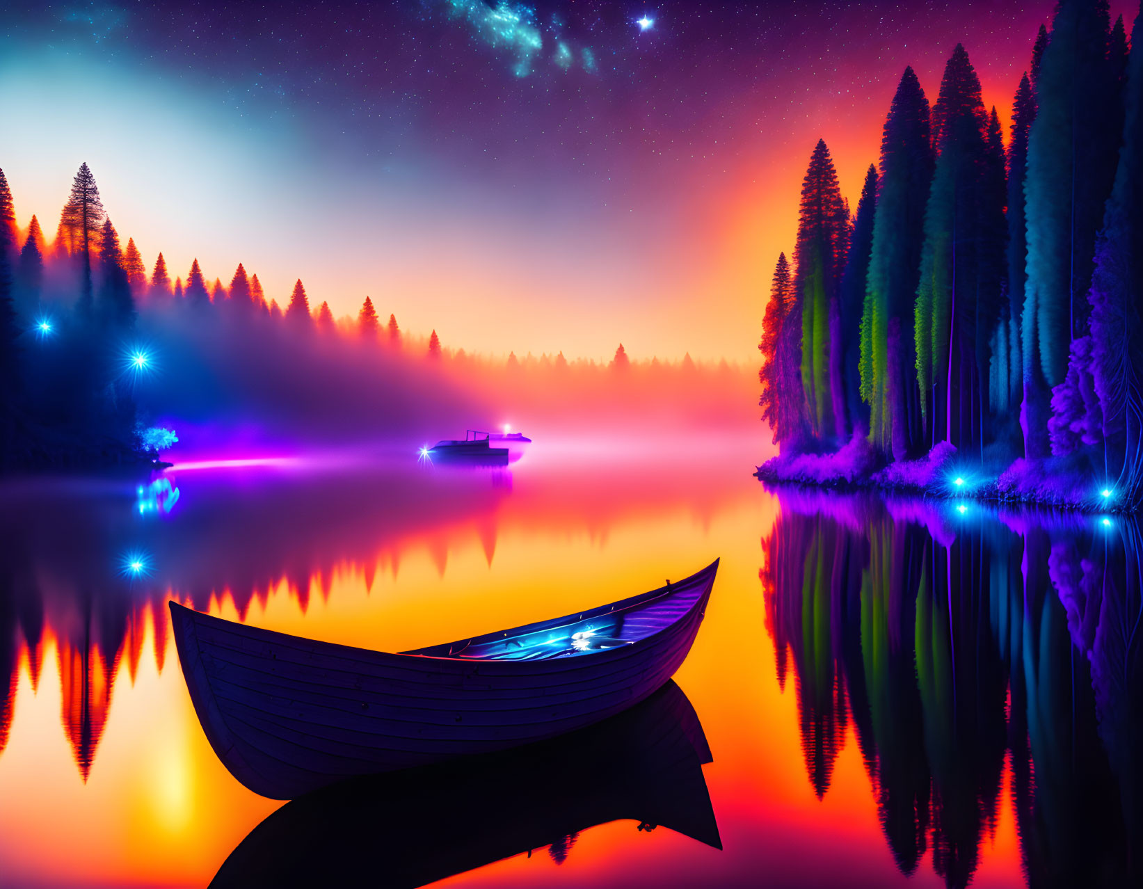 Surreal neon-lit landscape with boat on misty lake