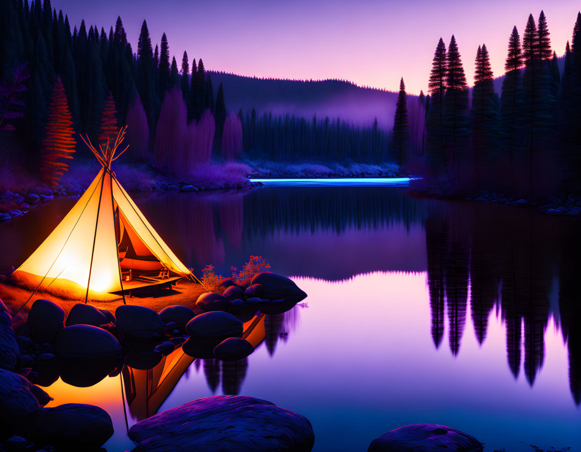 Tranquil lake tent illuminated at dusk with purple sky