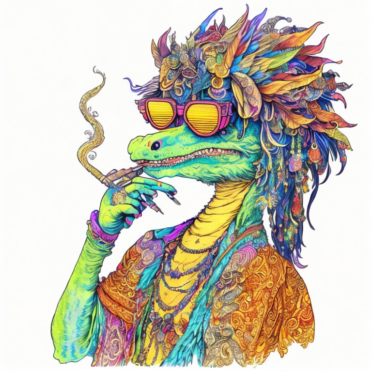 Colorful Dragon Illustration with Sunglasses and Pipe