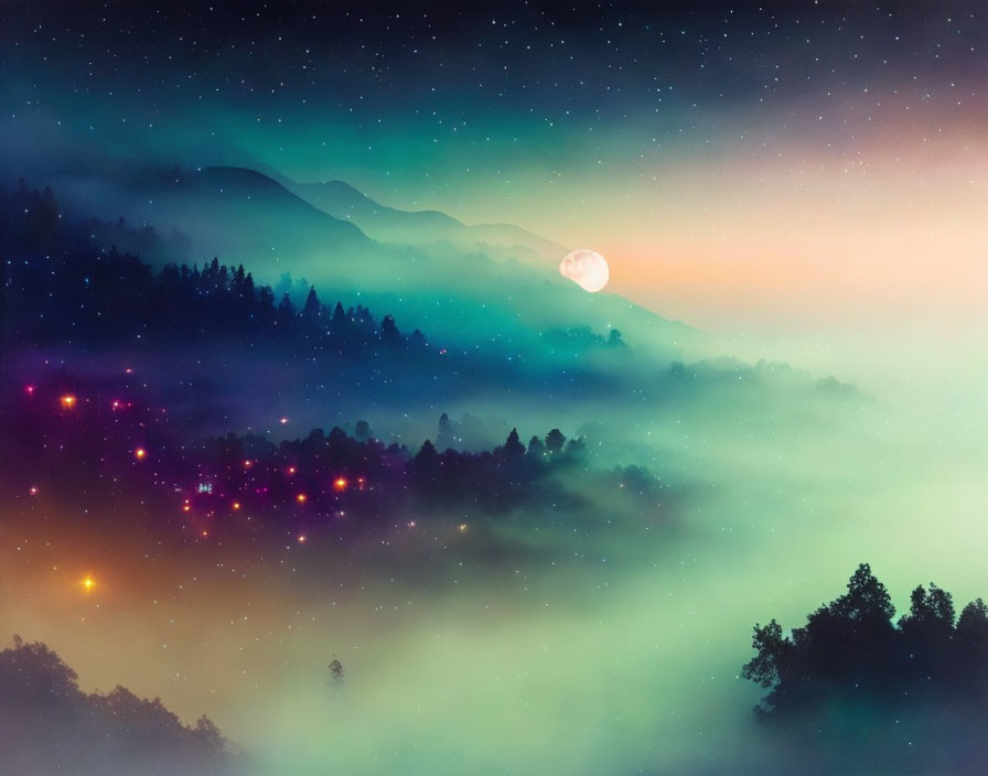 Mystic landscape: Moonlit mountains in misty twilight