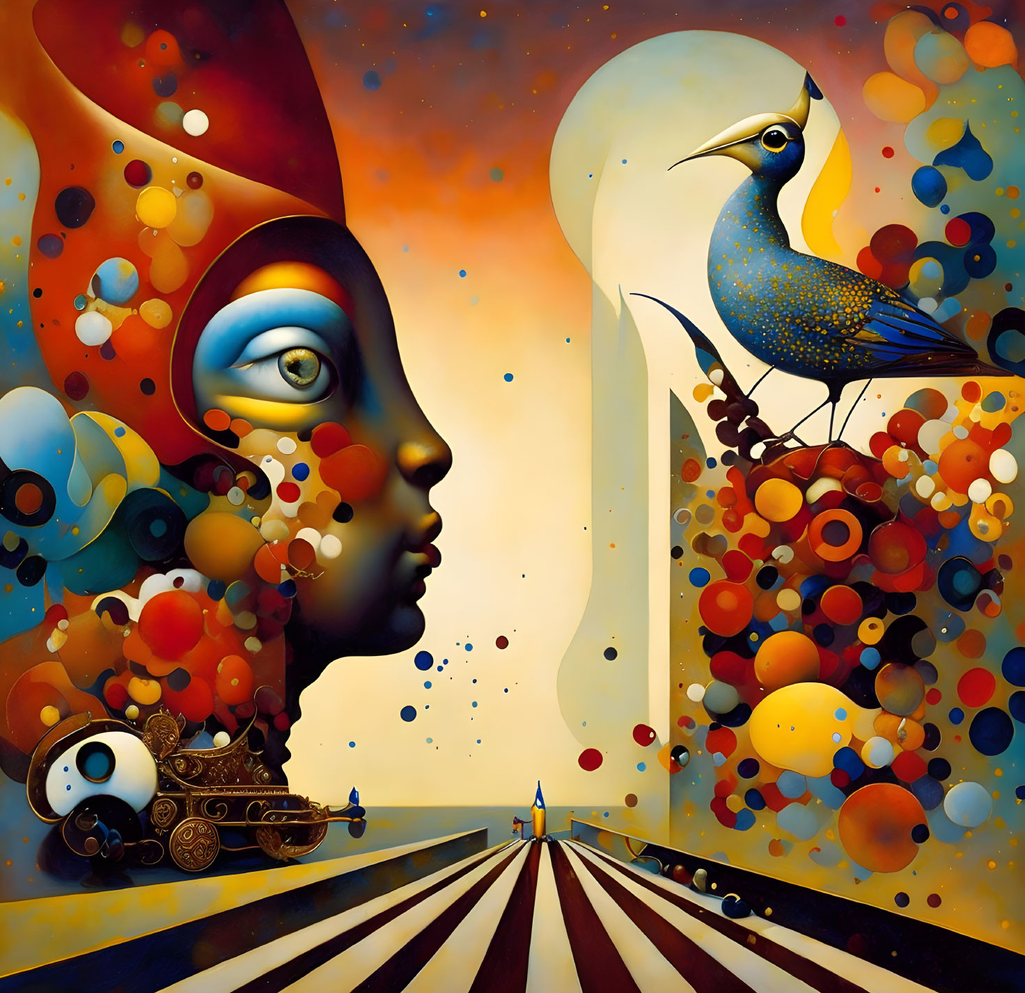 Colorful Humanoid Face and Bird in Surreal Painting with Whimsical Elements