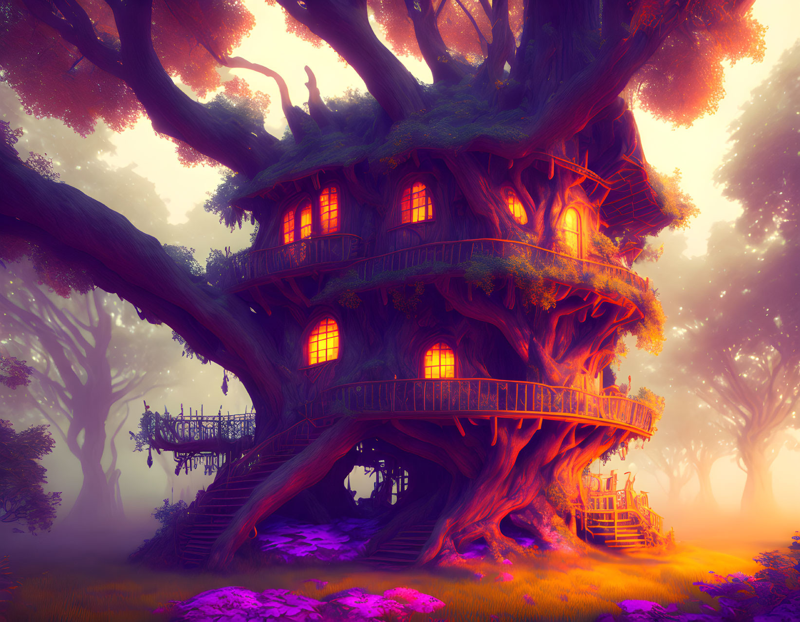 Enchanting fantasy treehouse in ancient tree amid mystical sunset forest