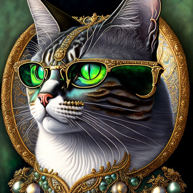 Regal cat with emerald green eyes in golden glasses and ornate collar