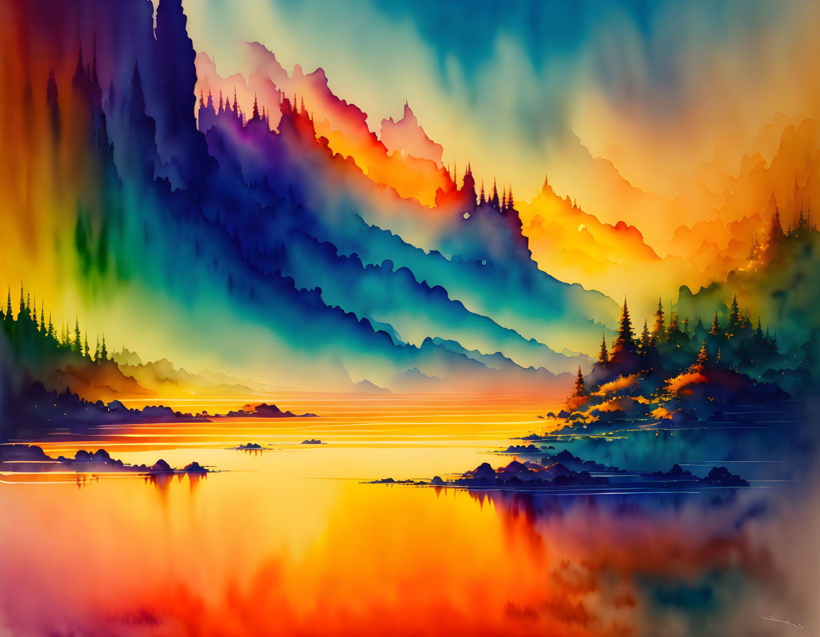 Colorful Digital Artwork: Serene Landscape with Layered Mountains & Sunset