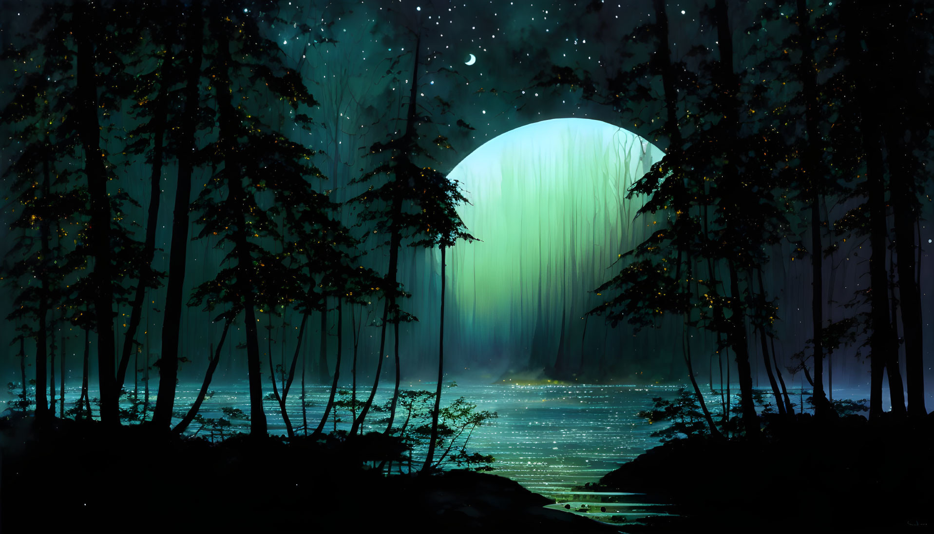 Moonlit forest with glowing waterfall under starry sky