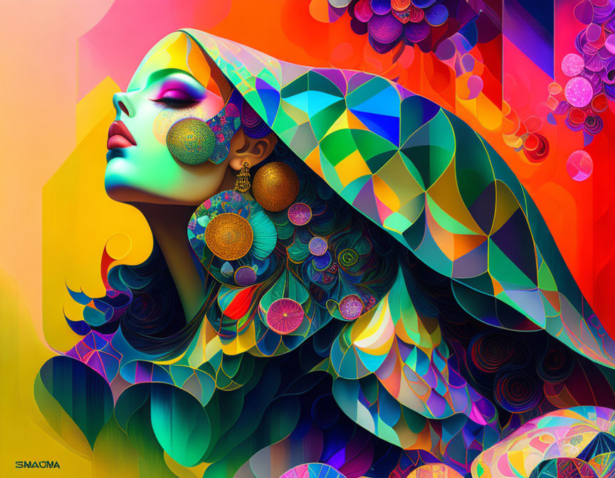 Colorful woman illustration with multicolored hair and ornate earrings on geometric backdrop