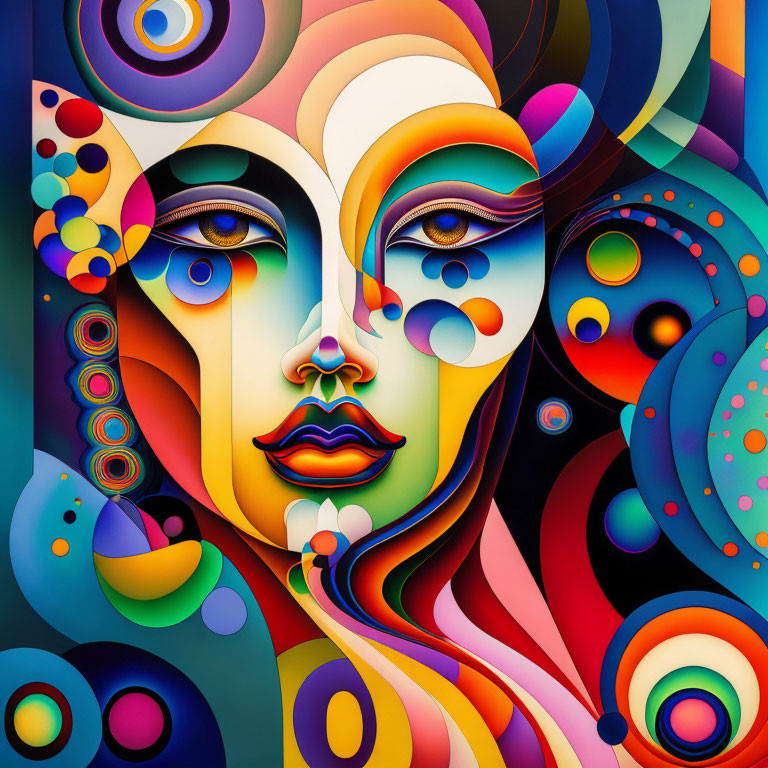 Colorful Abstract Painting of Stylized Face with Swirling Patterns