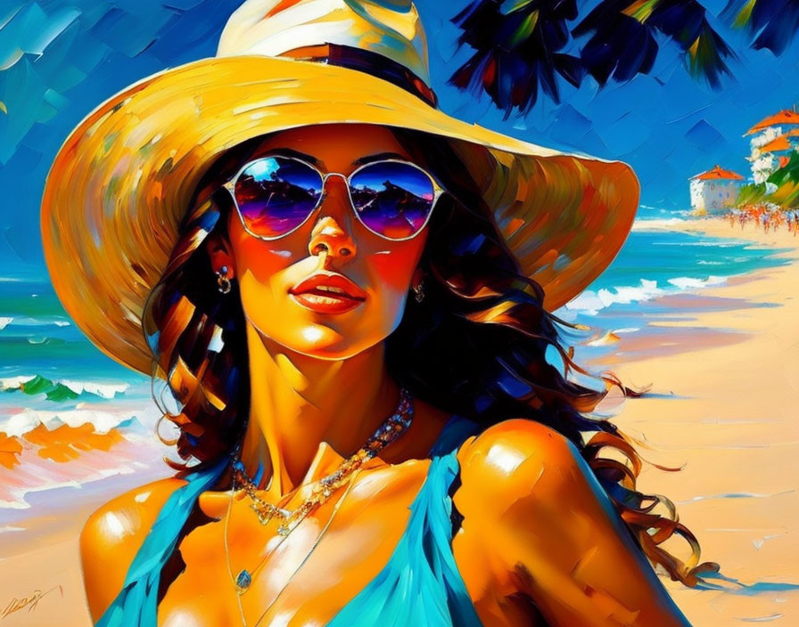 Portrait of woman with sun hat and sunglasses on sunny beach with palm trees reflected in shades