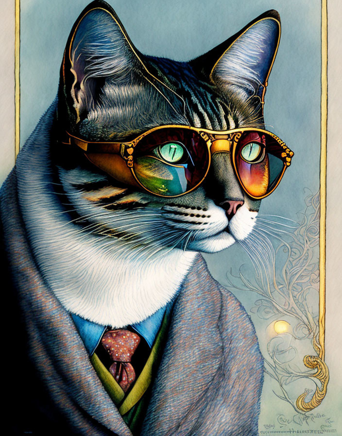 Anthropomorphic cat in suit, tie, sunglasses, and pipe embodies sophistication.