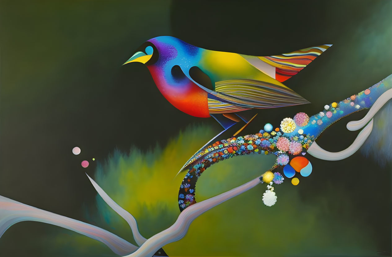 Colorful surreal bird on branch with abstract bubbles in dark background