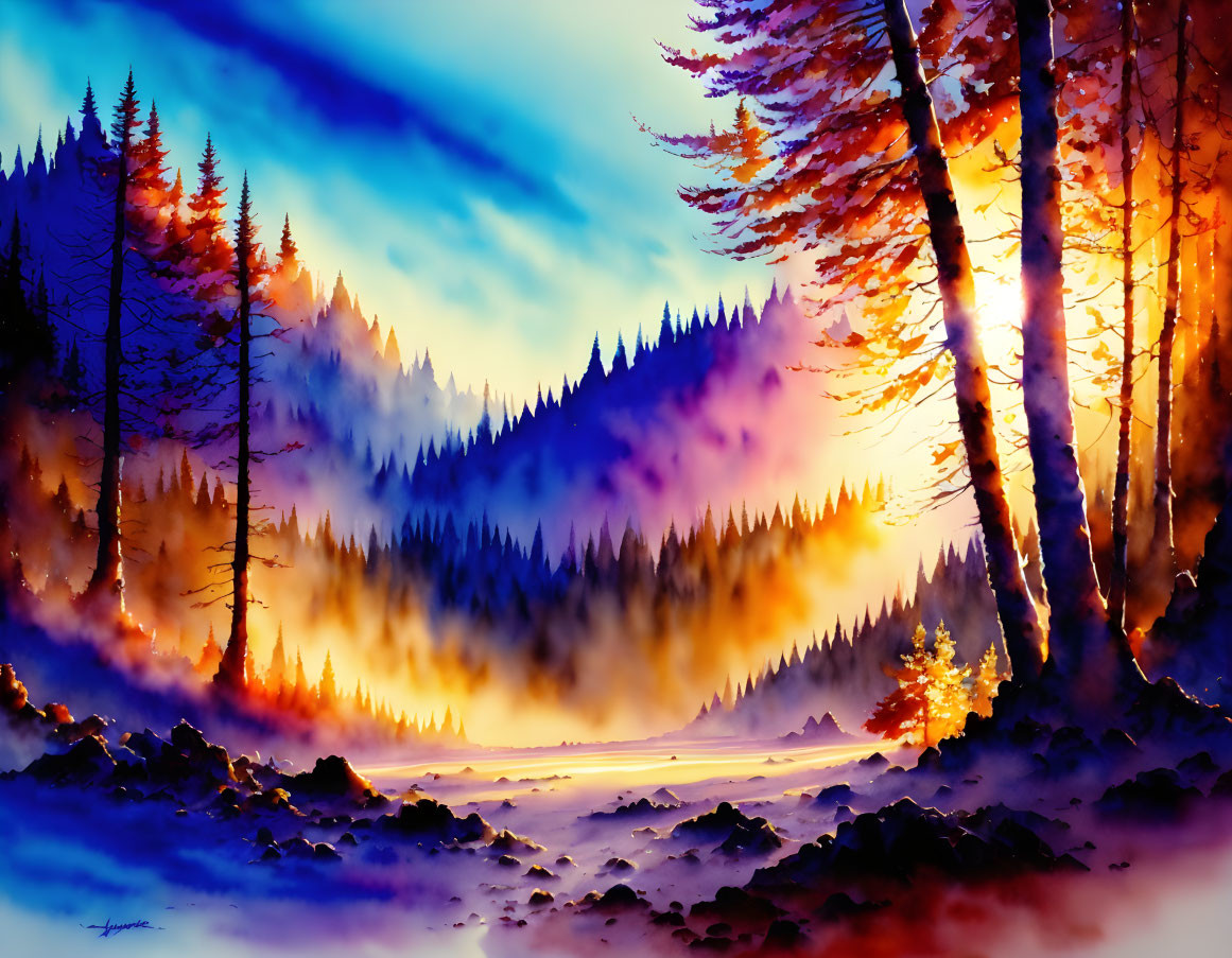 Forest painting with golden foliage, misty background, pine trees, and blue sky at dusk or dawn