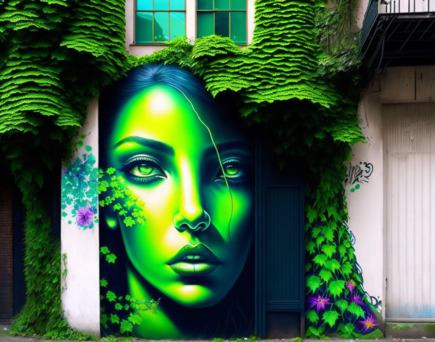 Colorful street art mural featuring woman's face among green foliage